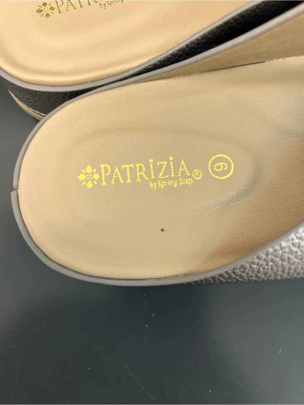 Patrizia by Spring Step Rutha Metallic Taupe Slide Sandal with Gold Buckle 9